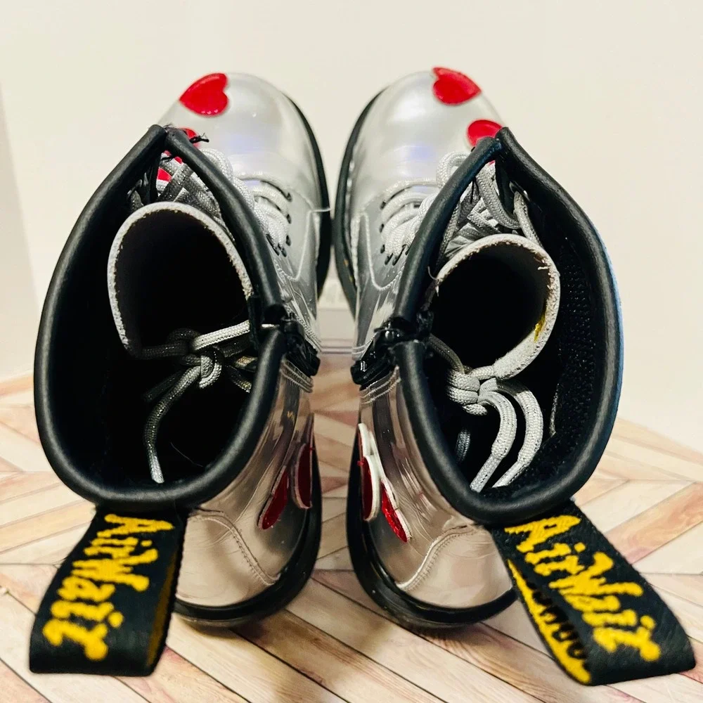 Dr Martens 1460 J Glitter Star Patent Lace Up Zip Boots Kids 3 Silver Red Hearts